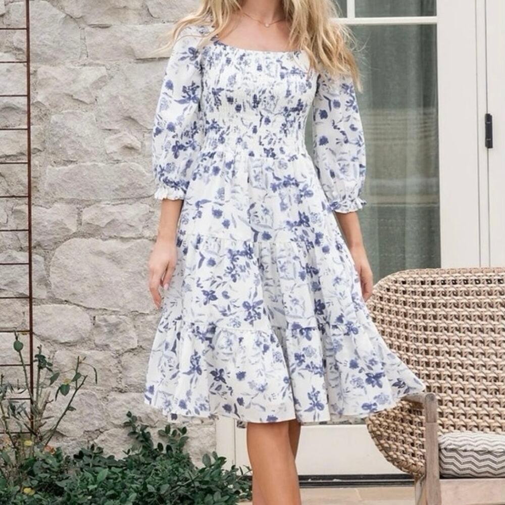 Baltic Born XL Marta Smocked MIDI Dress Blue White Floral Cottagecore Milkmaid